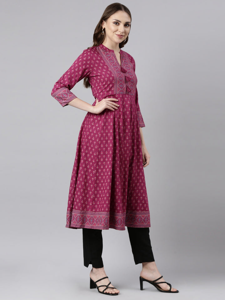 Neerus Pink floral printed straight kurti - back view