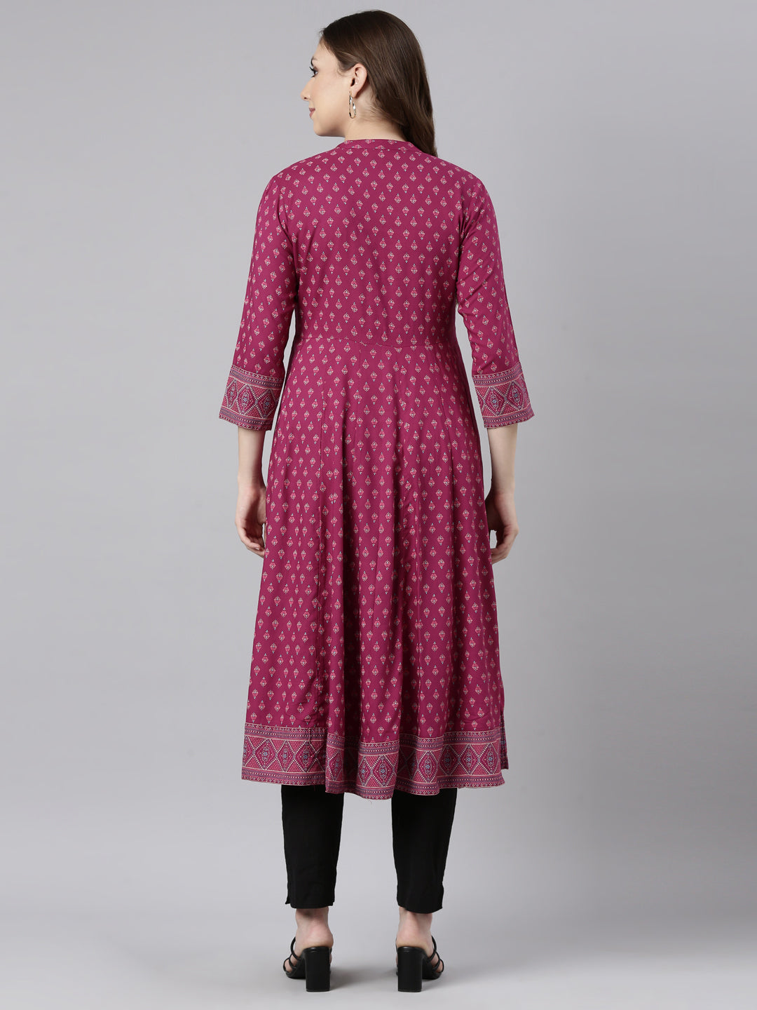 Neerus Pink floral printed straight kurti - side view