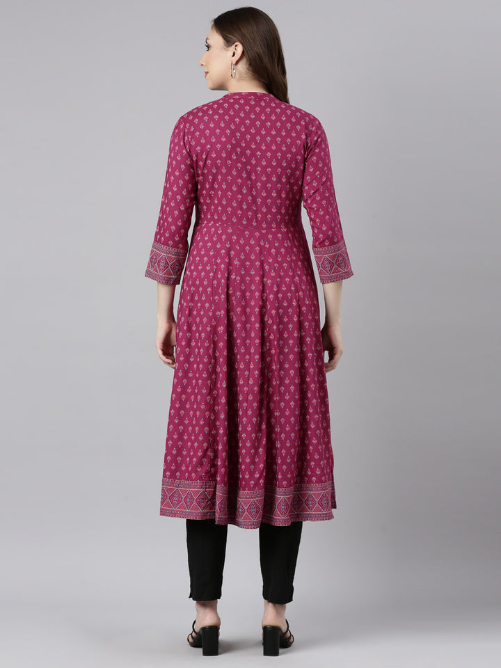 Neerus Pink floral printed straight kurti - side view