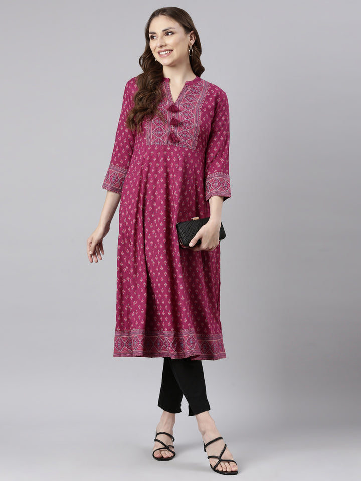 Neerus Pink floral printed straight kurti - detail view 1