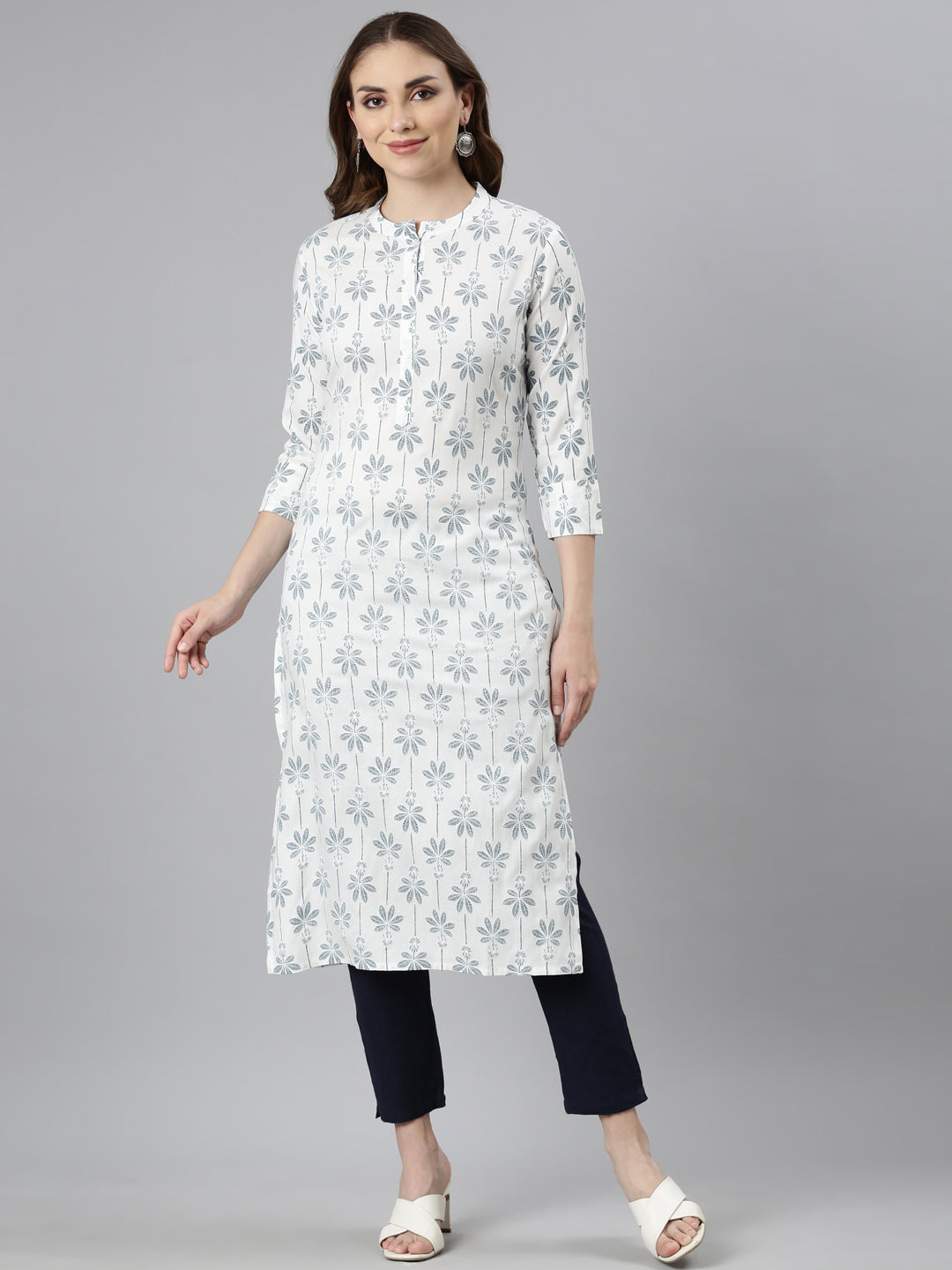 Neerus Blue printed floral straight kurti - front view