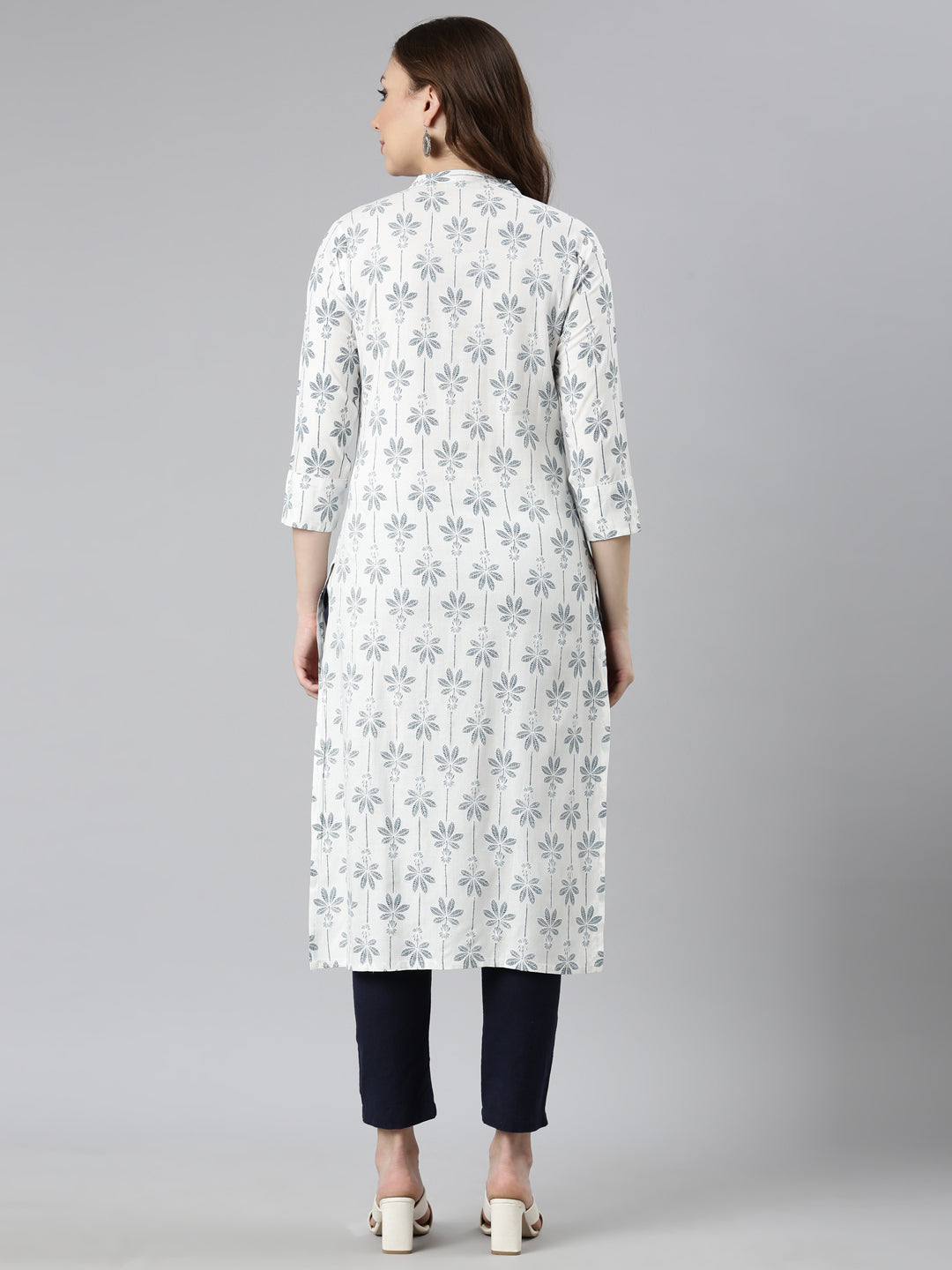 Neerus Blue printed floral straight kurti - side view