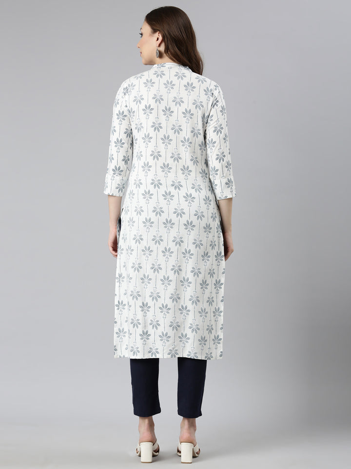 Neerus Blue printed floral straight kurti - side view