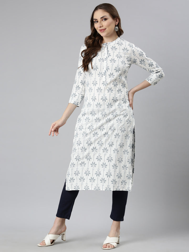 Neerus Blue printed floral straight kurti - detail view 1