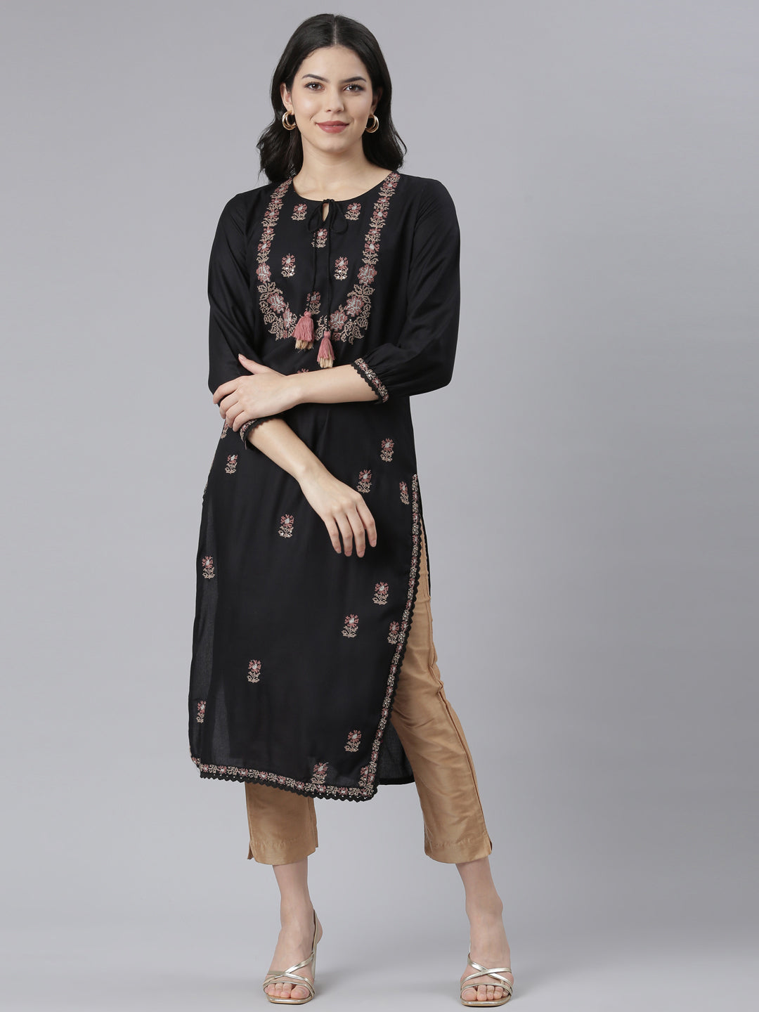 Neerus Black floral printed straight kurti - front view
