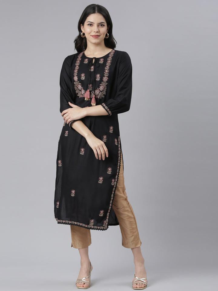 Neerus Black floral printed straight kurti - front view