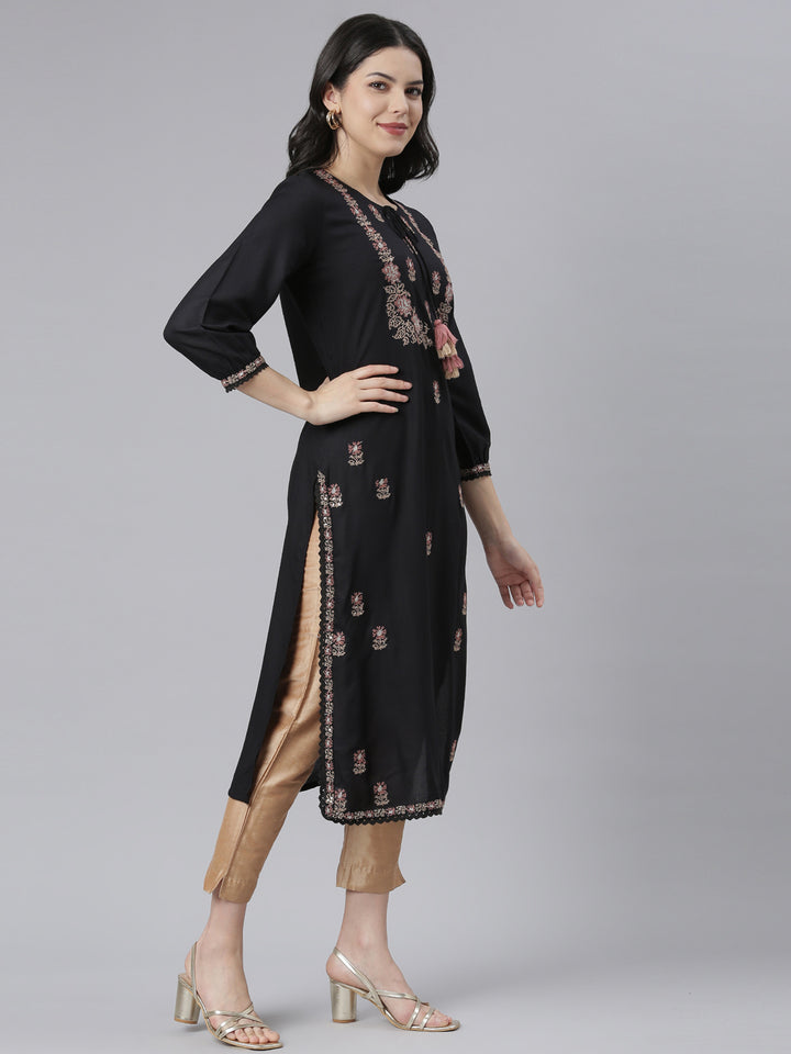 Neerus Black floral printed straight kurti - back view
