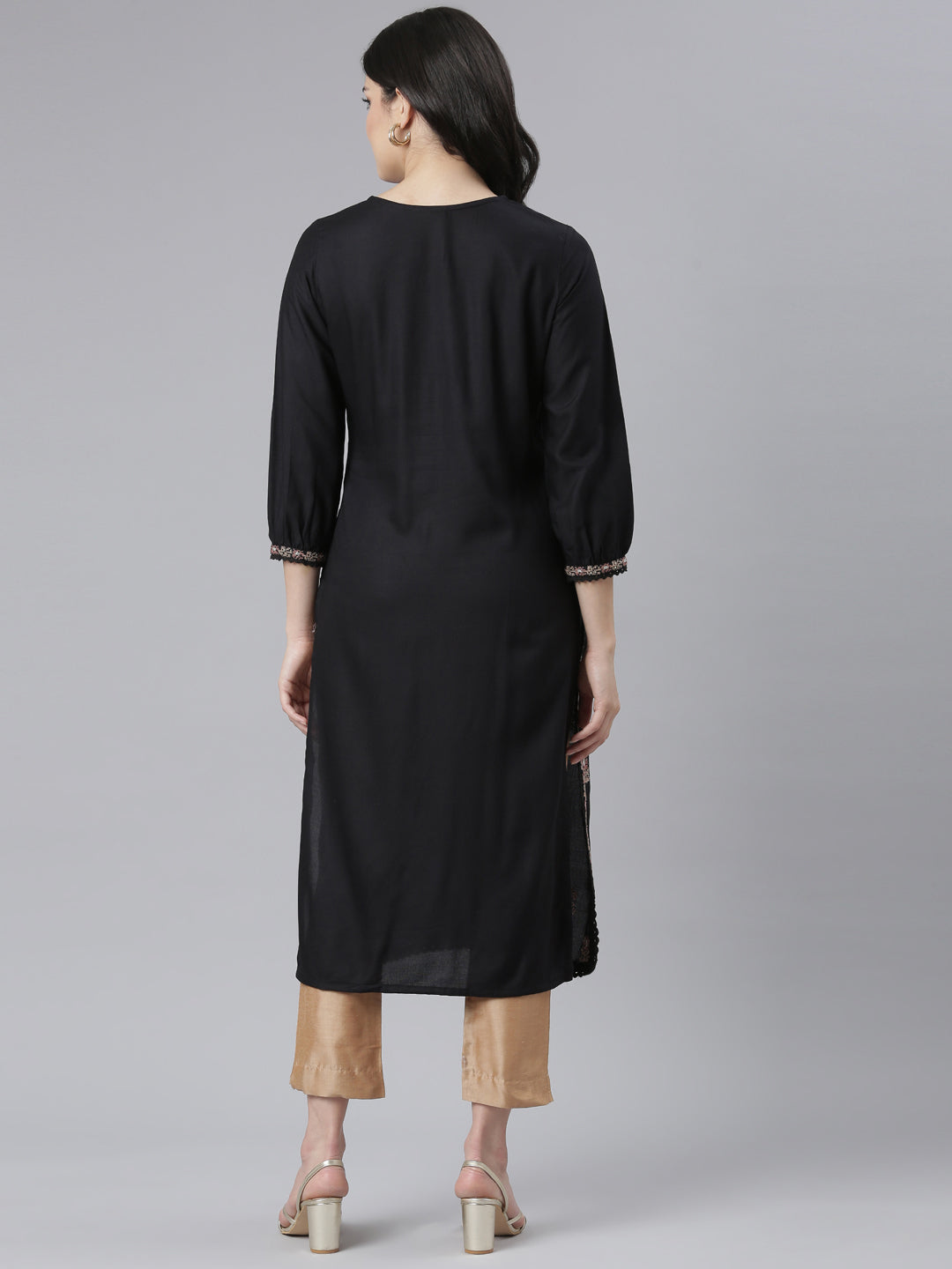 Neerus Black floral printed straight kurti - side view