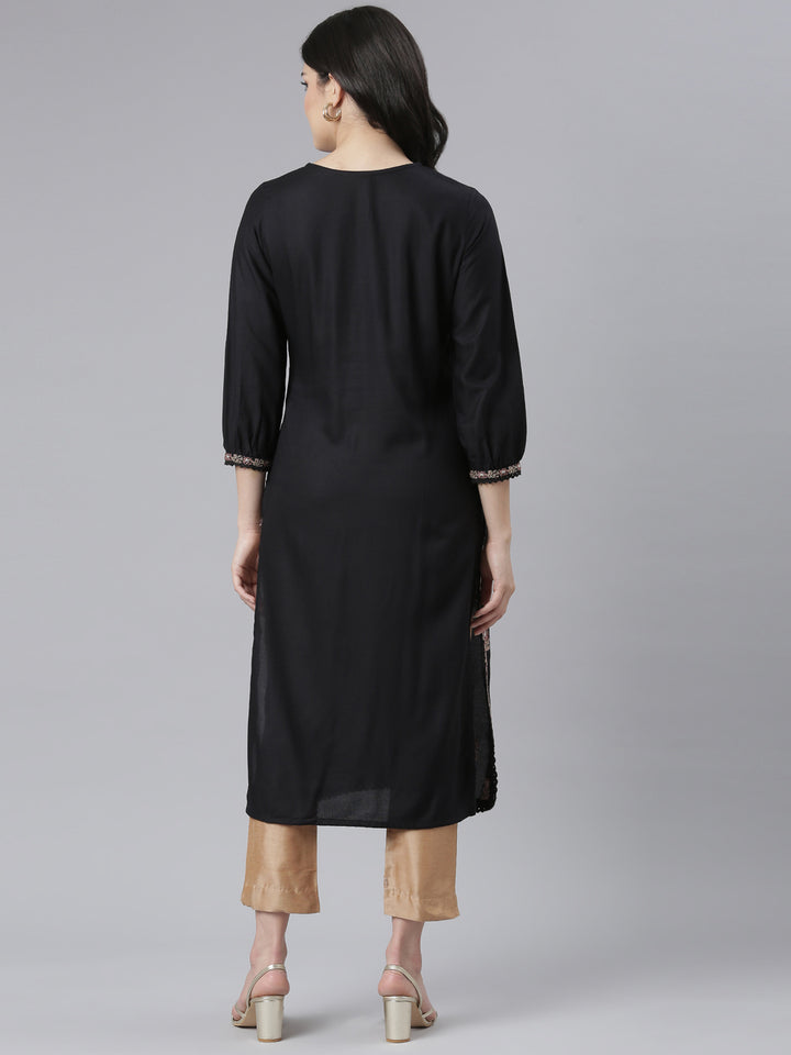 Neerus Black floral printed straight kurti - side view