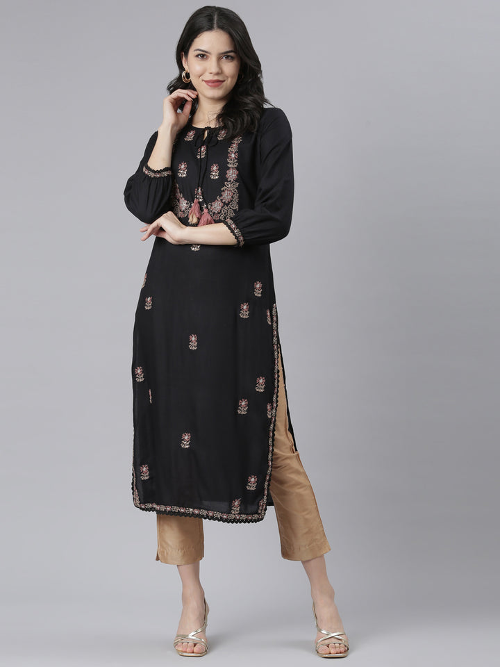 Neerus Black floral printed straight kurti - detail view 3