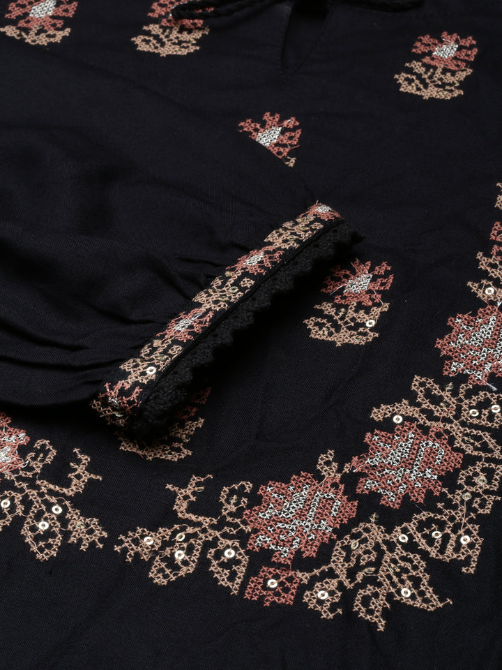 Neerus Black floral printed straight kurti - detail view 1