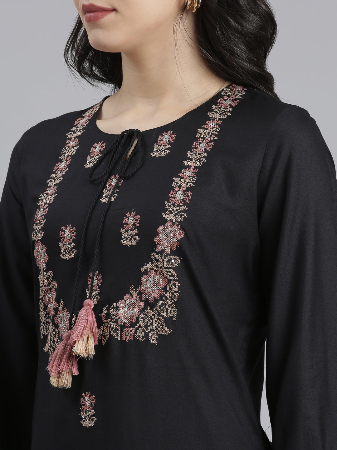Neerus Black floral printed straight kurti - detail view 2