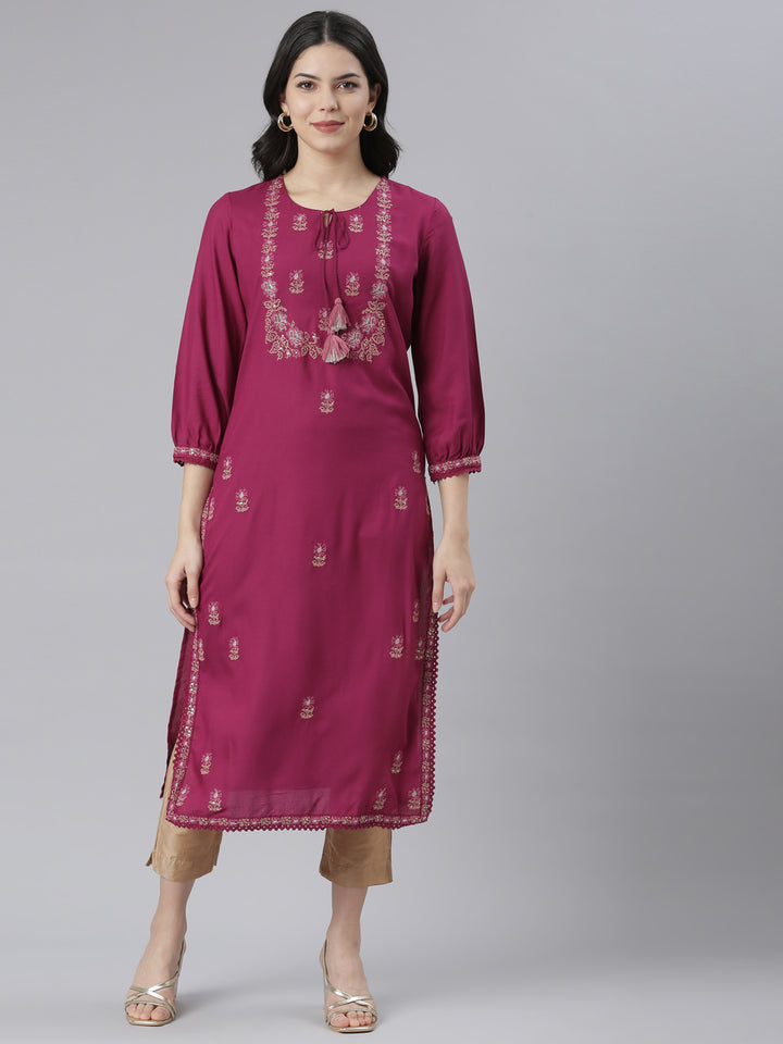Neerus Pink floral printed straight kurti - front view