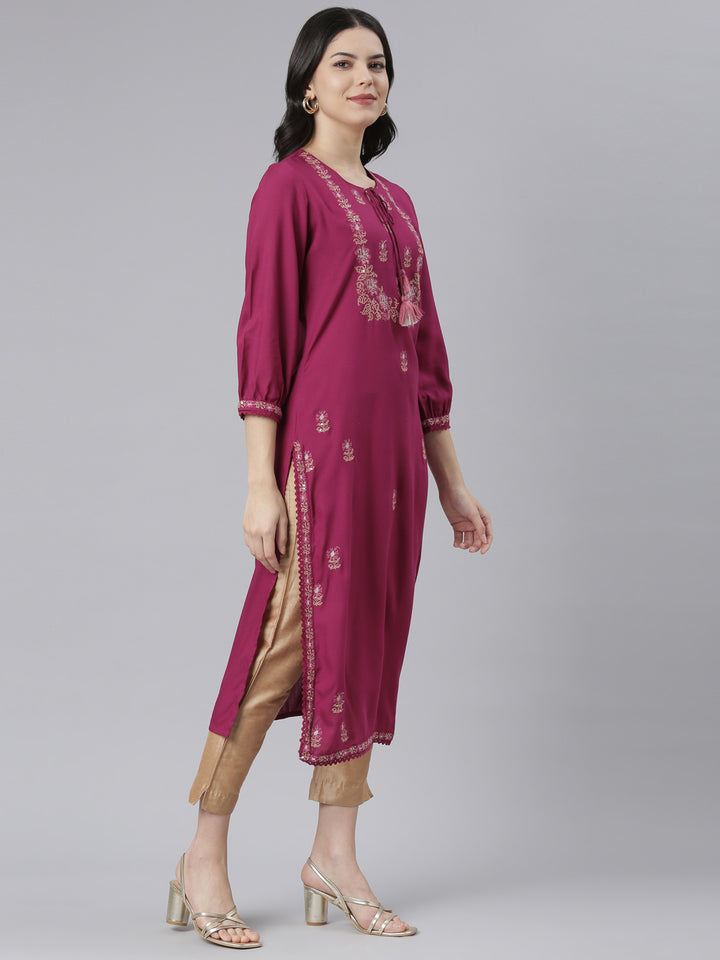 Neerus Pink floral printed straight kurti - back view