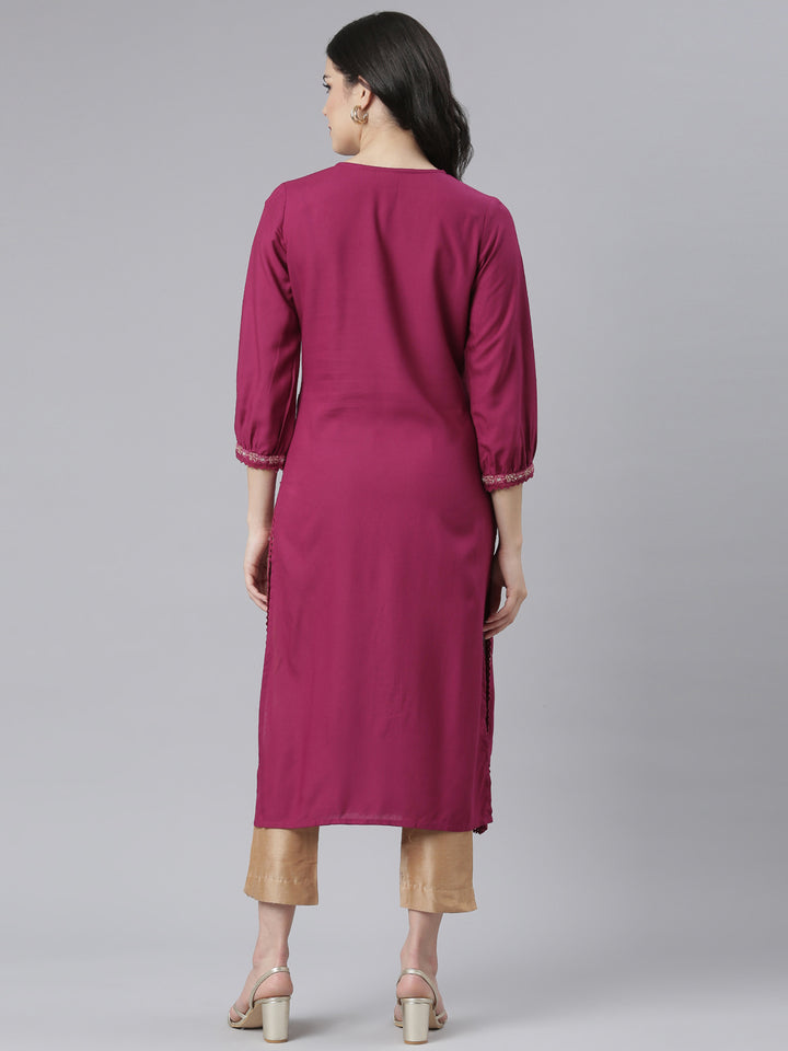 Neerus Pink floral printed straight kurti - side view