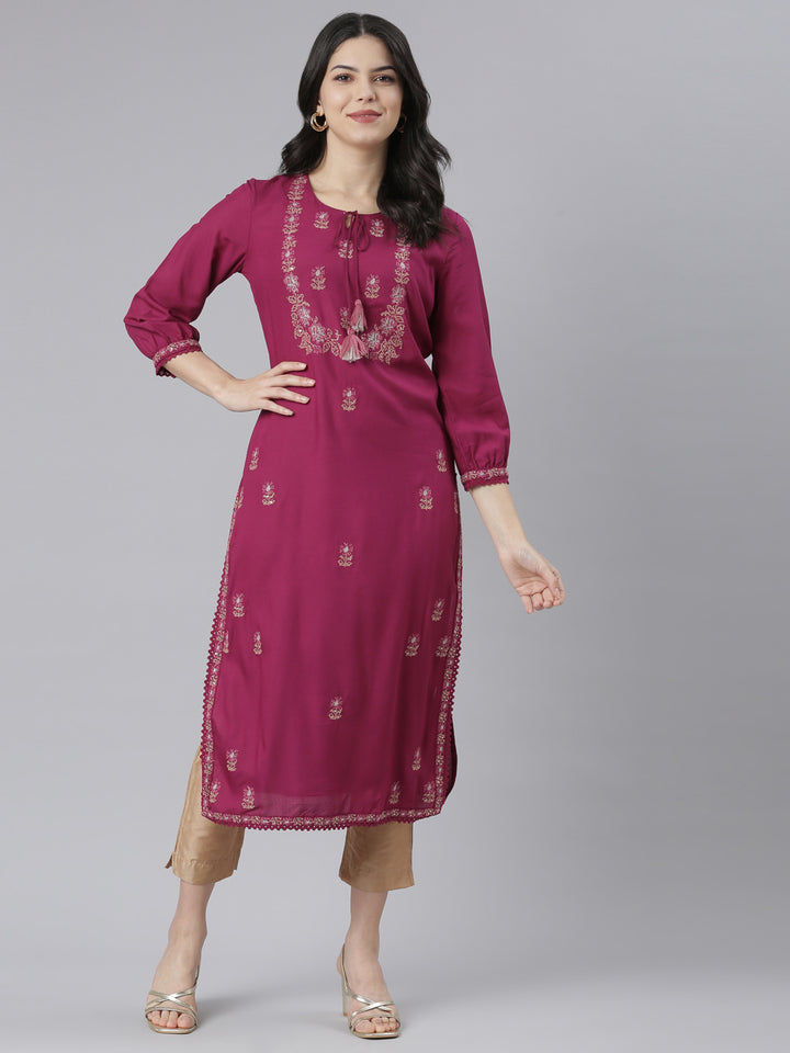 Neerus Pink floral printed straight kurti - detail view 2
