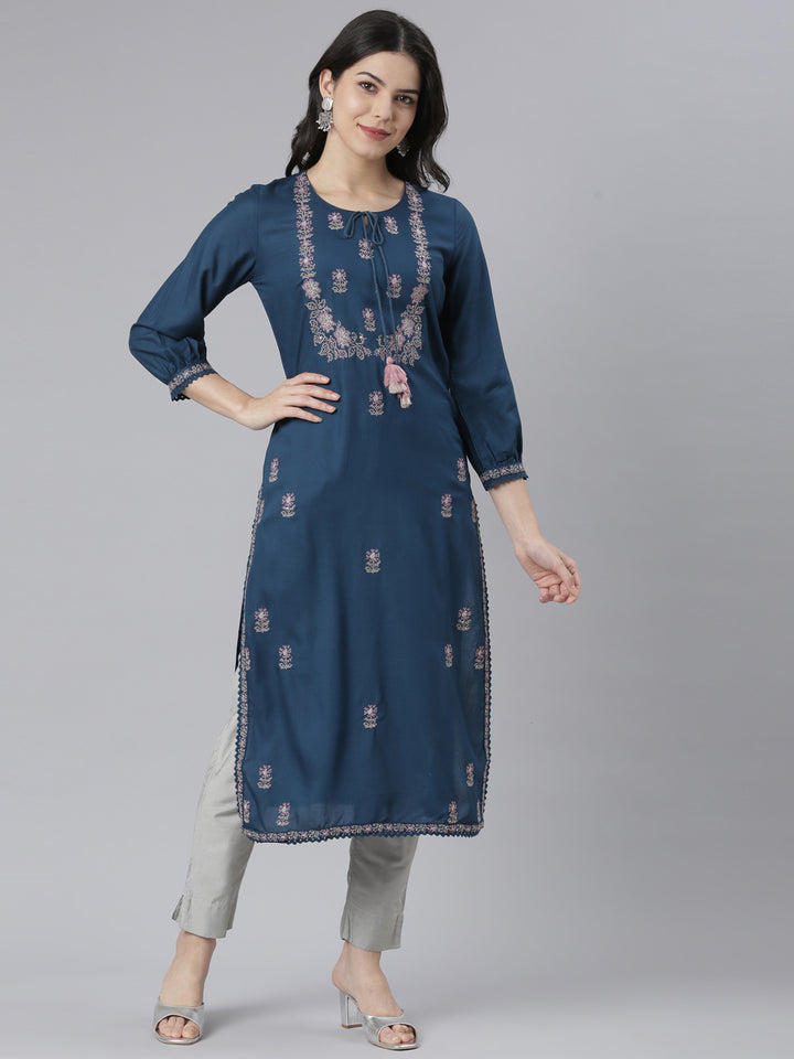 Neerus Blue floral printed straight kurti - front view