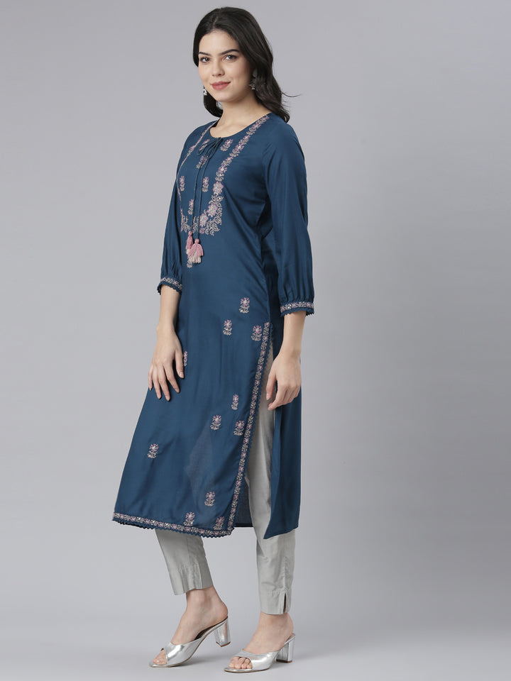 Neerus Blue floral printed straight kurti - back view