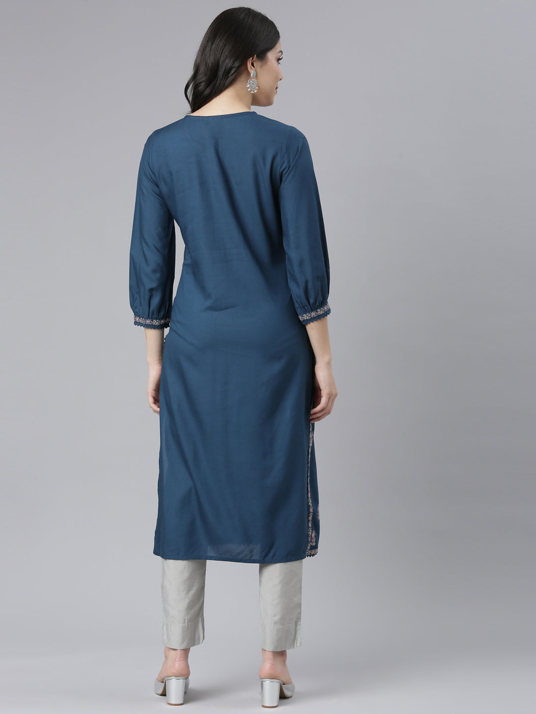 Neerus Blue floral printed straight kurti - side view