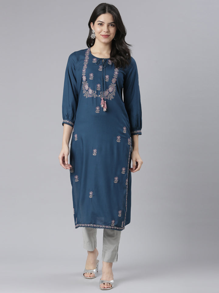 Neerus Blue floral printed straight kurti - detail view 2
