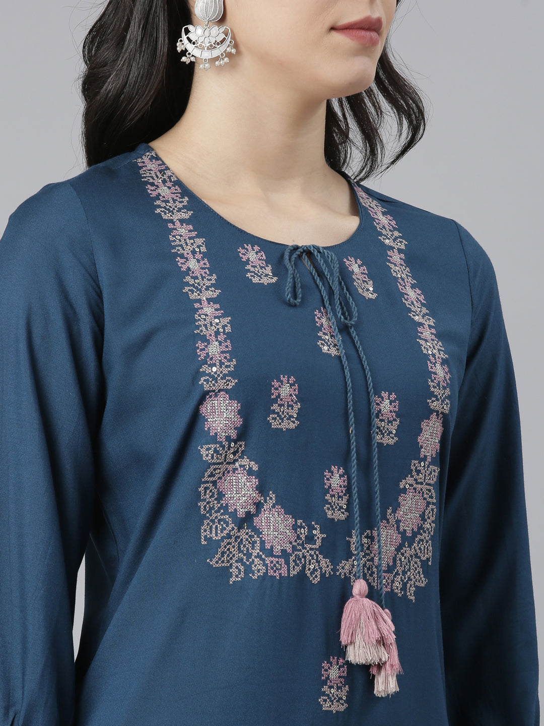 Neerus Blue floral printed straight kurti - detail view 1