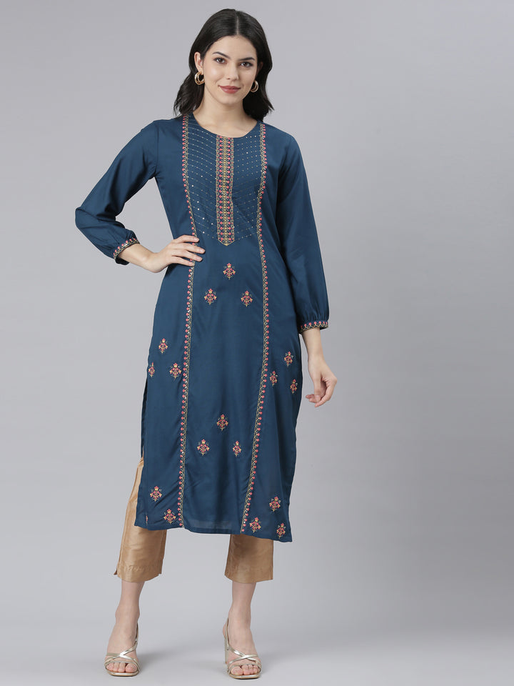 Neerus Blue Regular Straight Floral Kurtas
