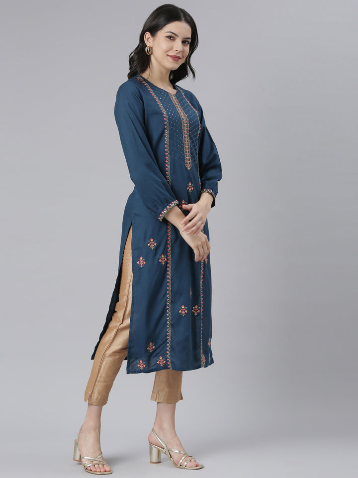 Neerus Blue Regular Straight Floral Kurtas