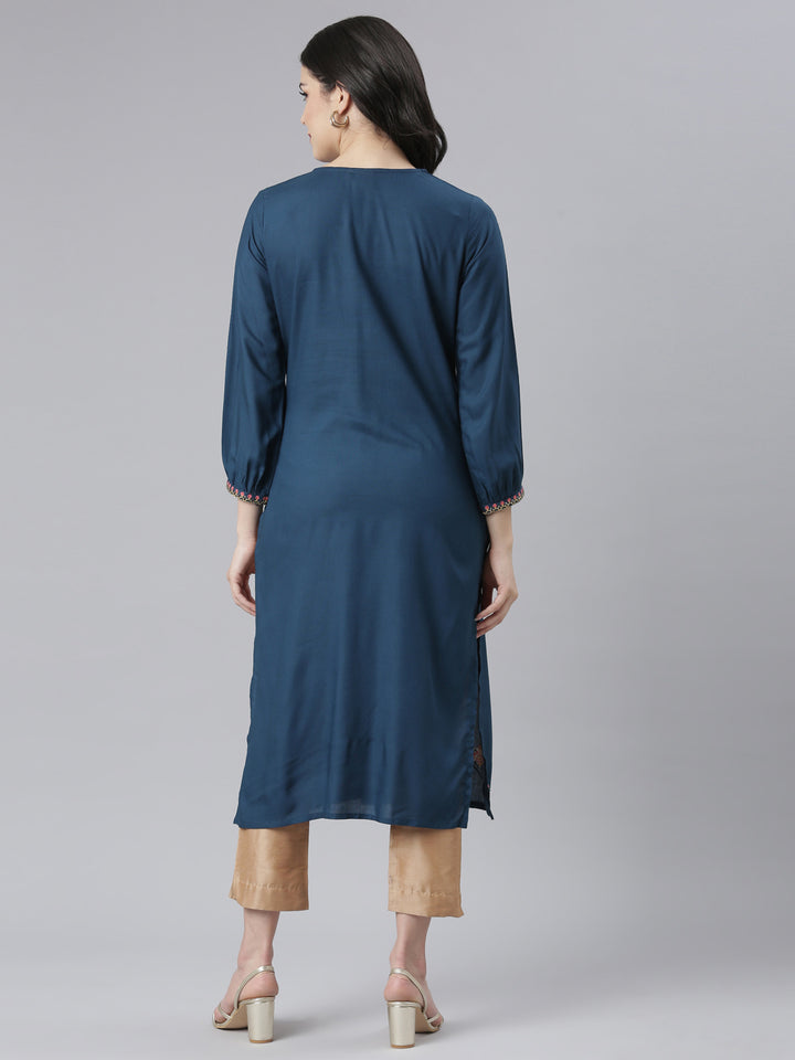 Neerus Blue Regular Straight Floral Kurtas