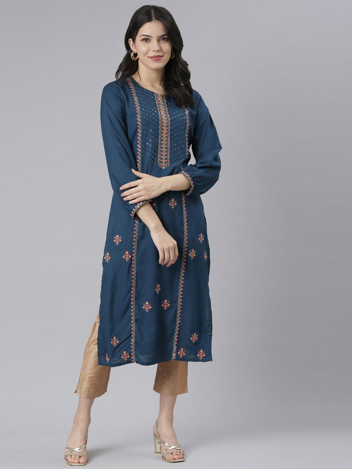 Neerus Blue Regular Straight Floral Kurtas