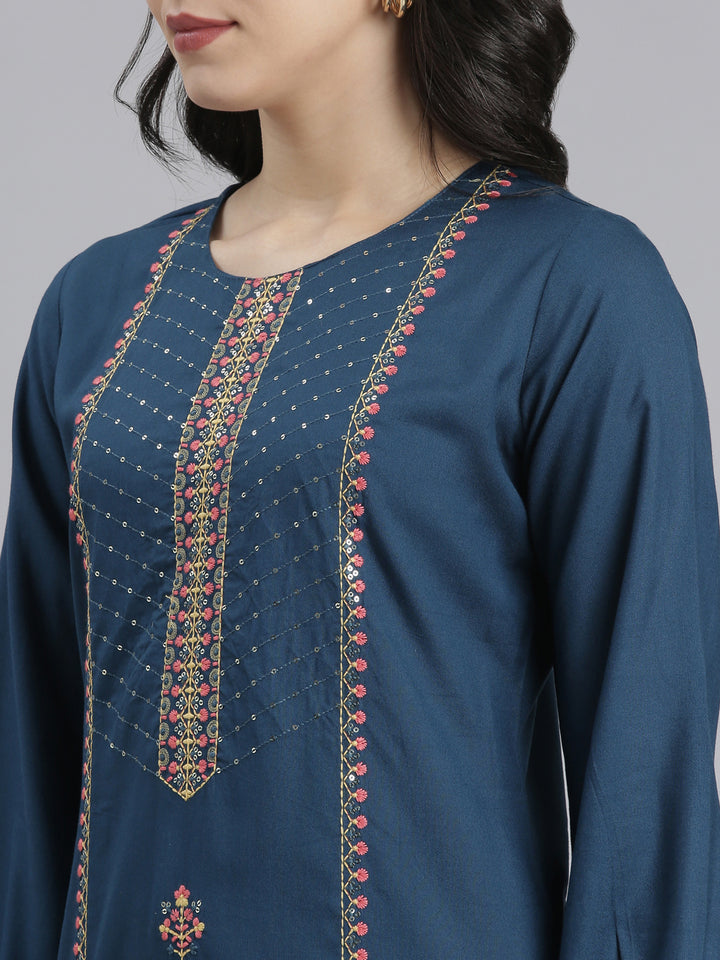 Neerus Blue Regular Straight Floral Kurtas