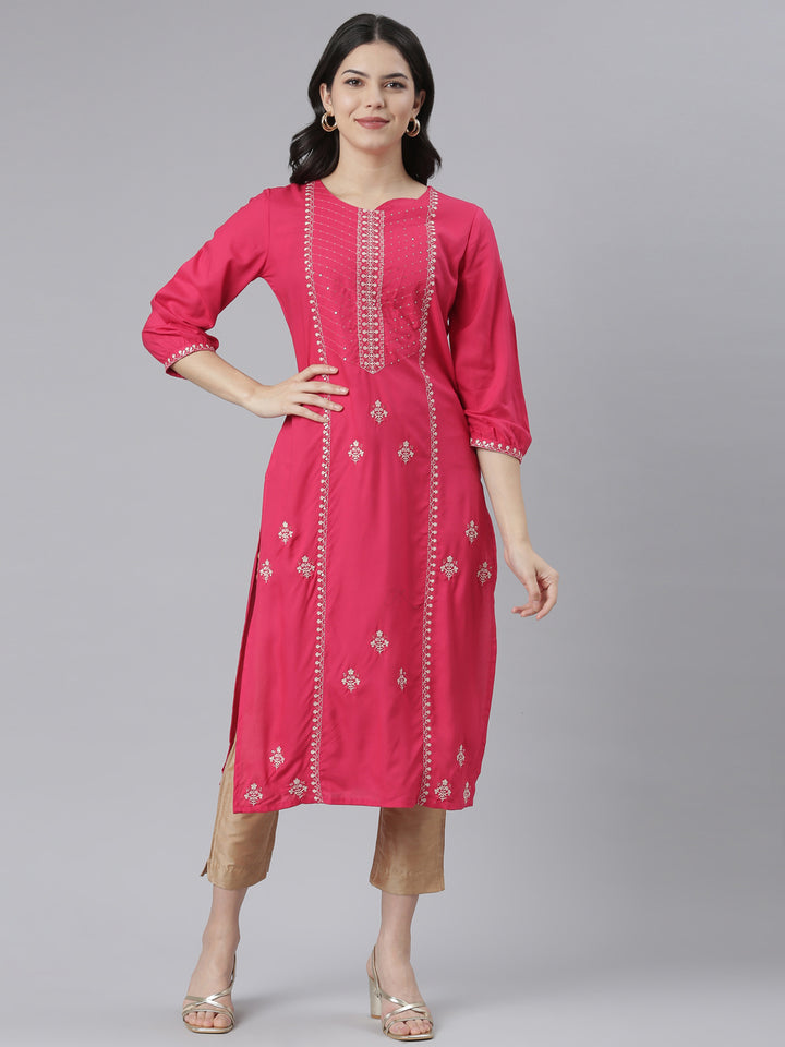 Neerus Pink Regular Straight Floral Kurtas