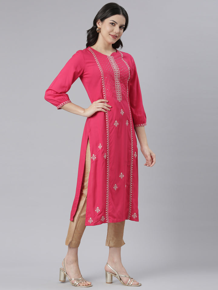 Neerus Pink Regular Straight Floral Kurtas