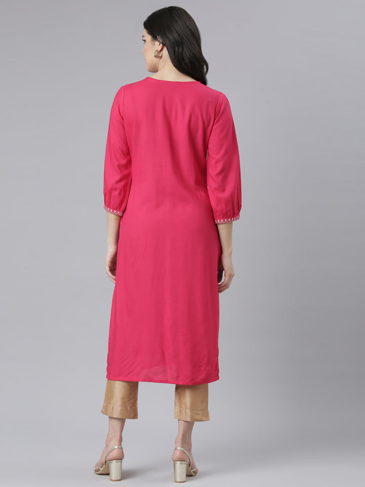Neerus Pink Regular Straight Floral Kurtas
