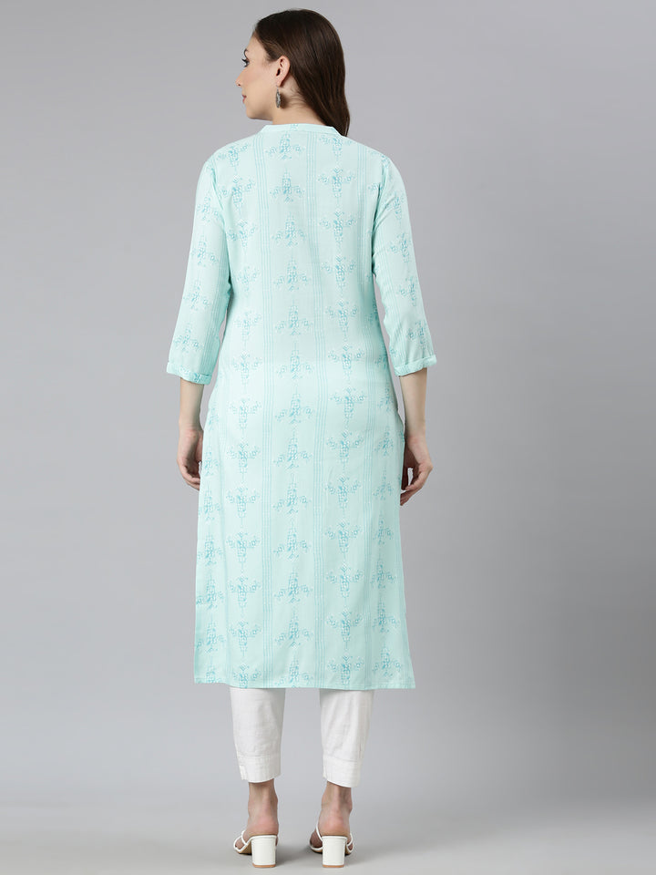 Neerus Sea Green Regular Straight Woven Design Kurtas