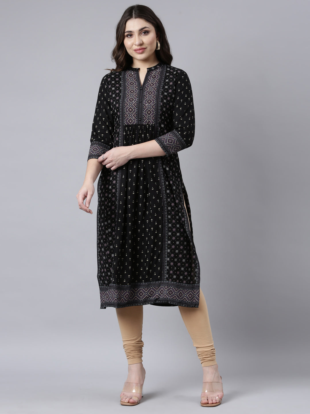 Neerus Black jacquard woven straight kurti - front view