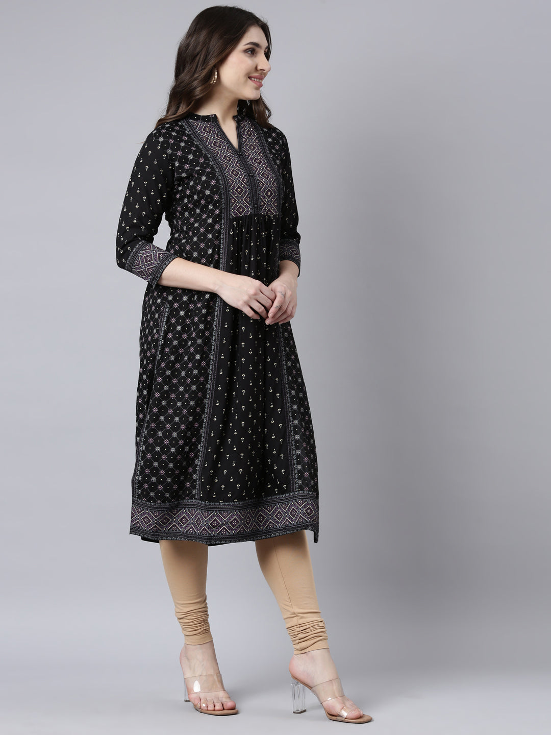 Neerus Black jacquard woven straight kurti - back view