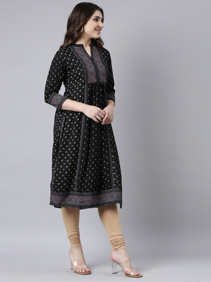 Neerus Black jacquard woven straight kurti - back view