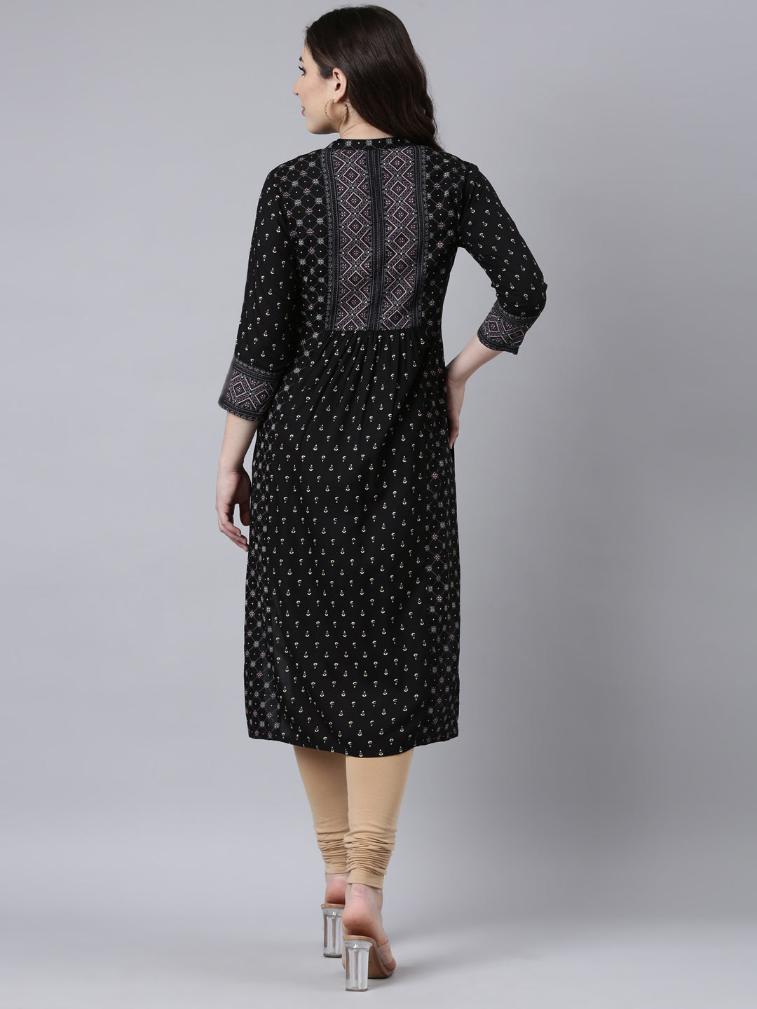 Neerus Black jacquard woven straight kurti - side view