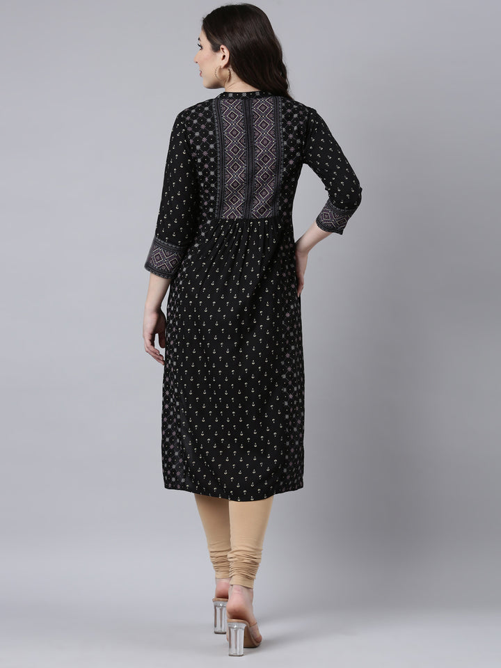 Neerus Black jacquard woven straight kurti - side view