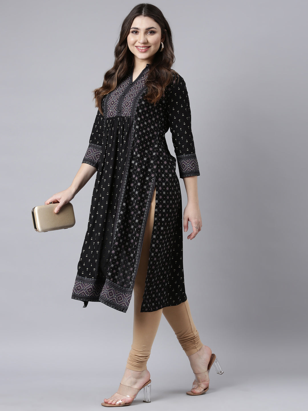 Neerus Black jacquard woven straight kurti - detail view 2