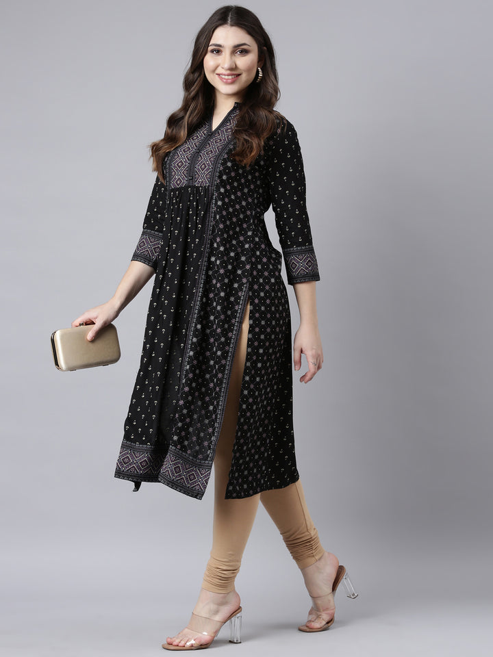 Neerus Black jacquard woven straight kurti - detail view 2