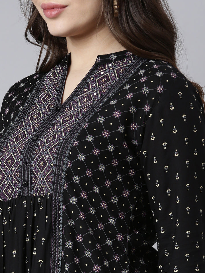 Neerus Black jacquard woven straight kurti - detail view 1