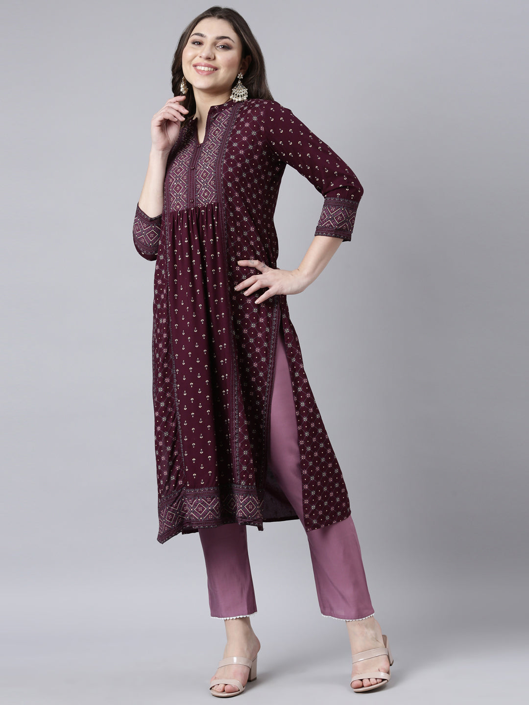 Neerus Purple jacquard woven straight kurti - front view