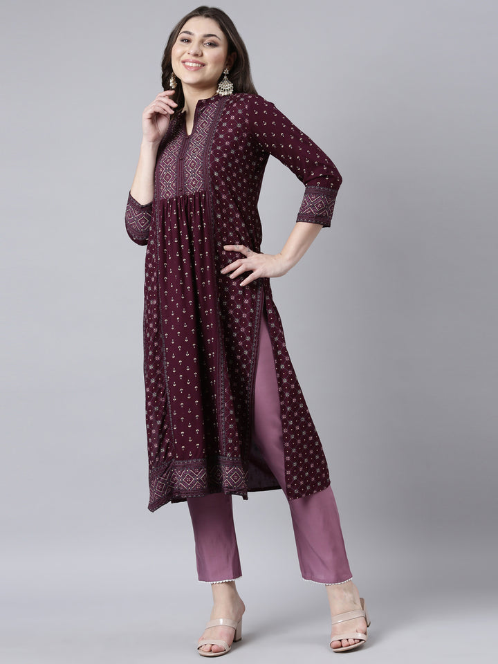 Neerus Purple jacquard woven straight kurti - front view