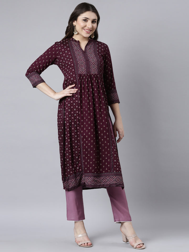 Neerus Purple jacquard woven straight kurti - back view