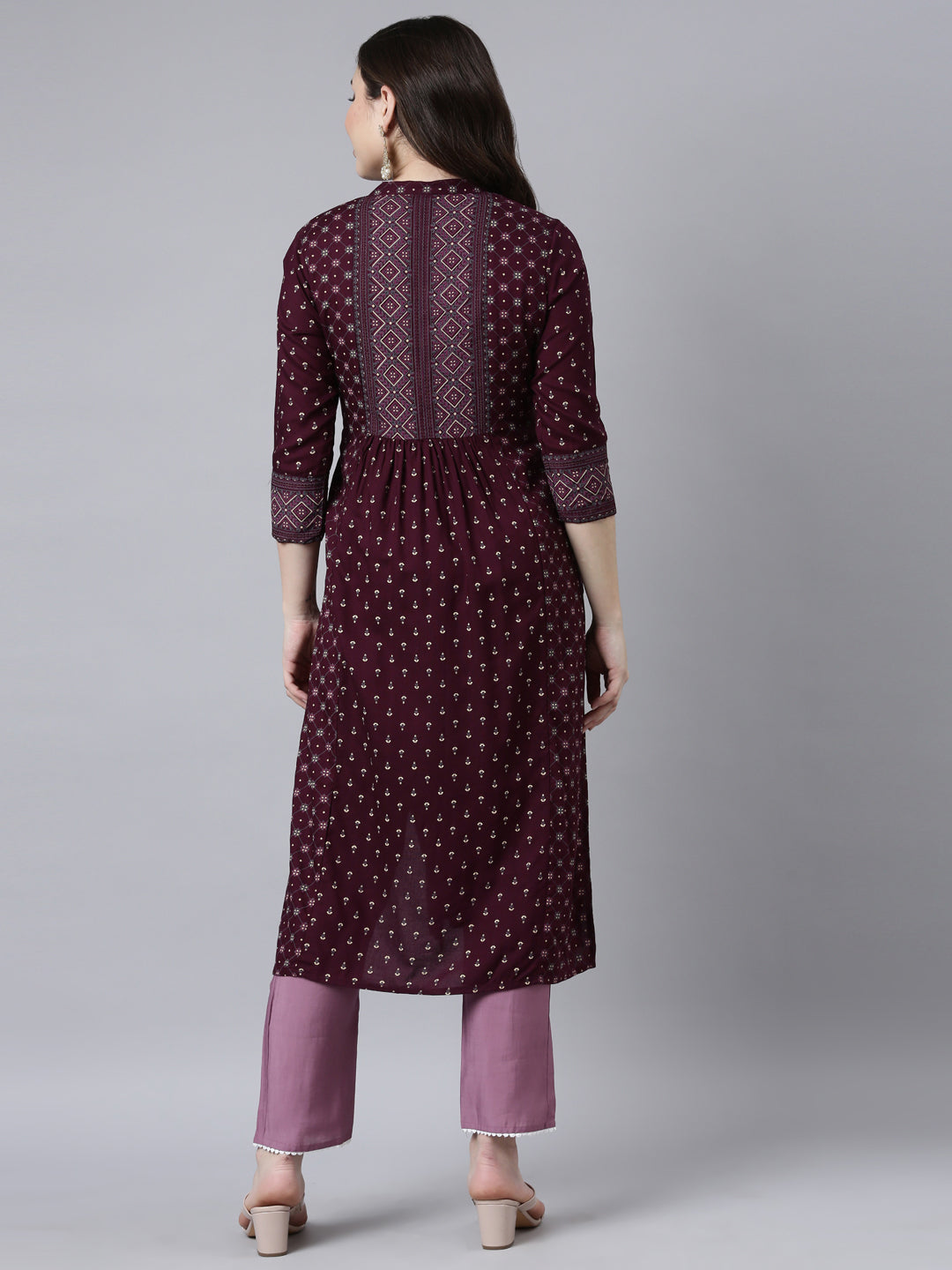 Neerus Purple jacquard woven straight kurti - side view