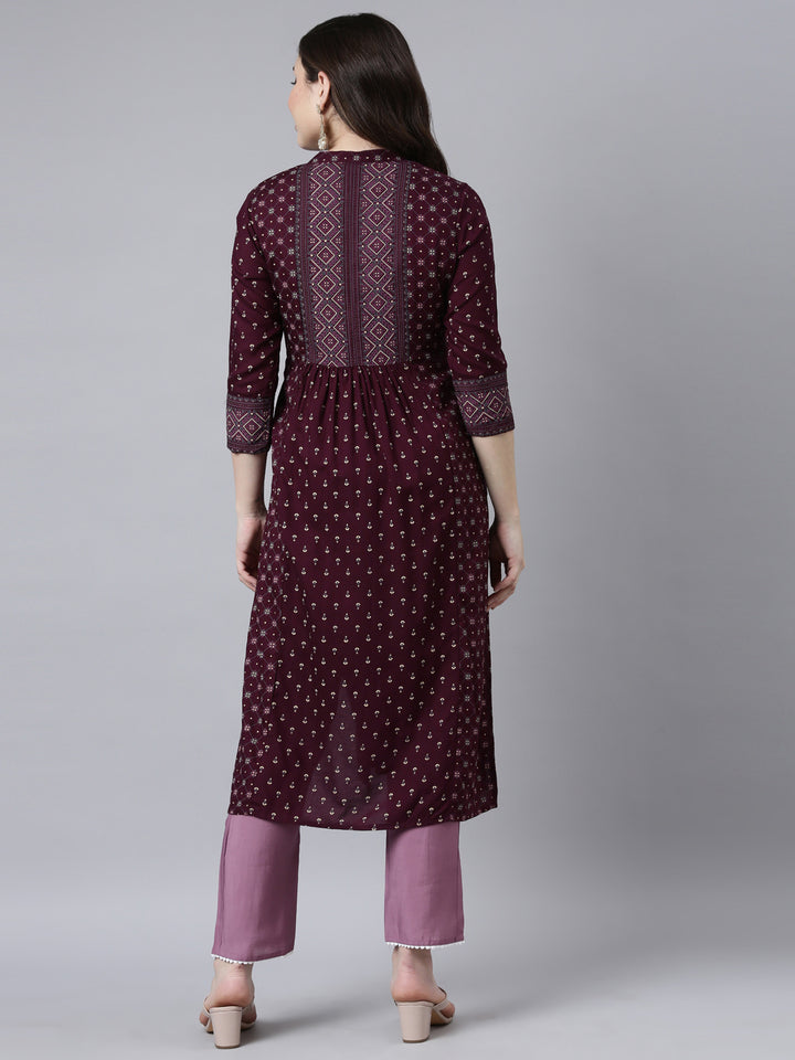Neerus Purple jacquard woven straight kurti - side view