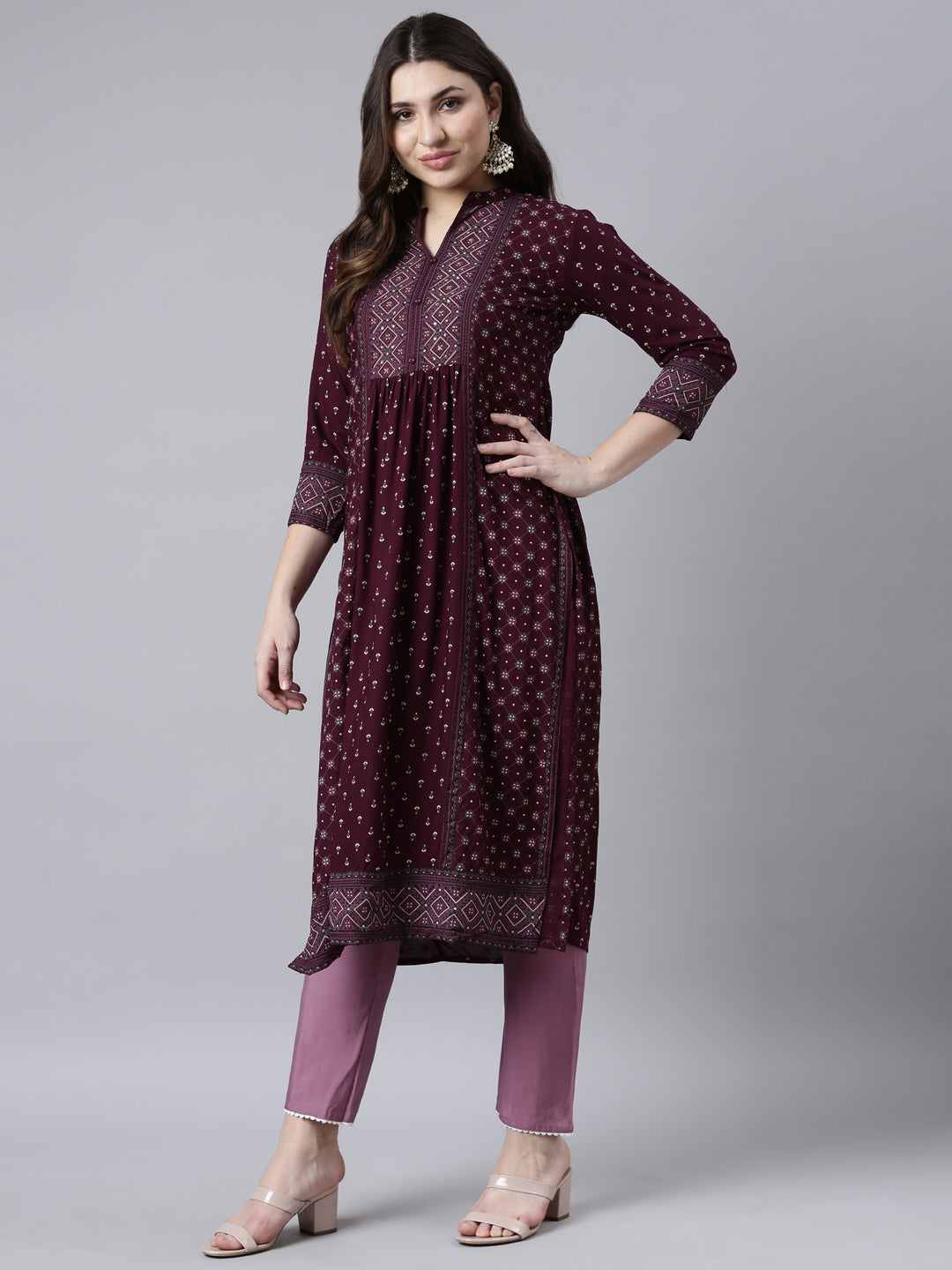 Neerus Purple jacquard woven straight kurti - detail view 2