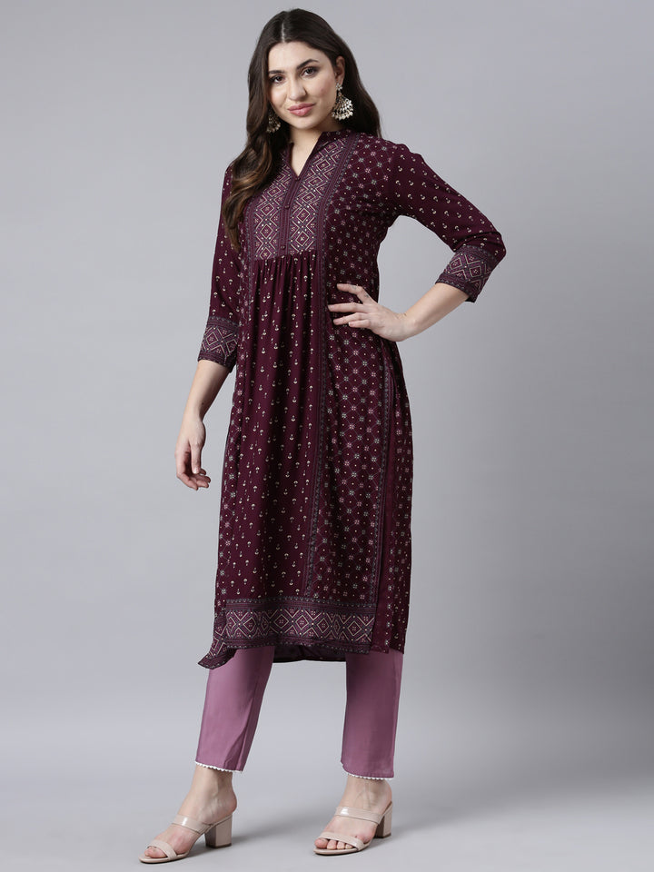 Neerus Purple jacquard woven straight kurti - detail view 2