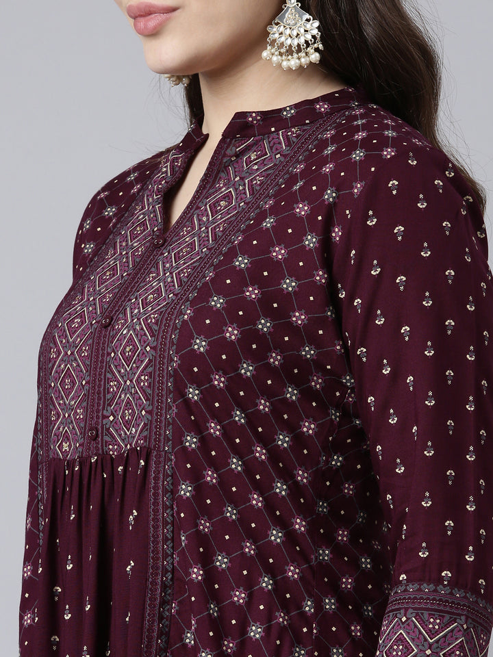 Neerus Purple jacquard woven straight kurti - detail view 1